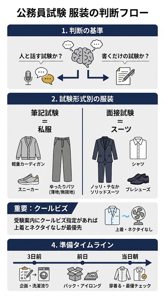 「公務員試験 服装の判断フロー」を1枚にまとめた縦長のインフォグラフィック