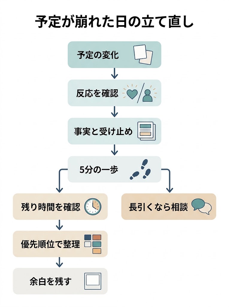 予定変更後に何をすればよいかを一目で把握できる、縦向きの流れ図