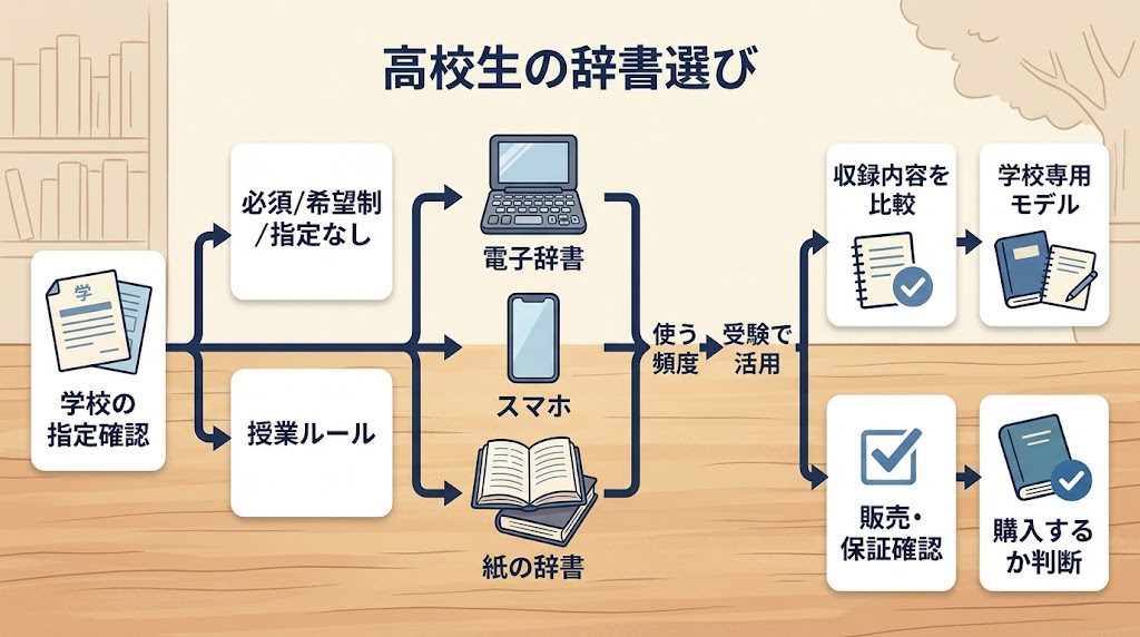 案内書類のアイコンと「学校の指定確認」を置き、そこから分岐して「必須／希望制／指定なし」と「授業ルール」をつなぐ