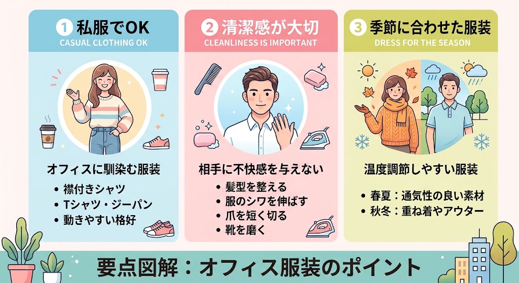 「私服でOK」「清潔感が大切」「季節に合わせた服装」の3項目を丸アイコンで並べた図解