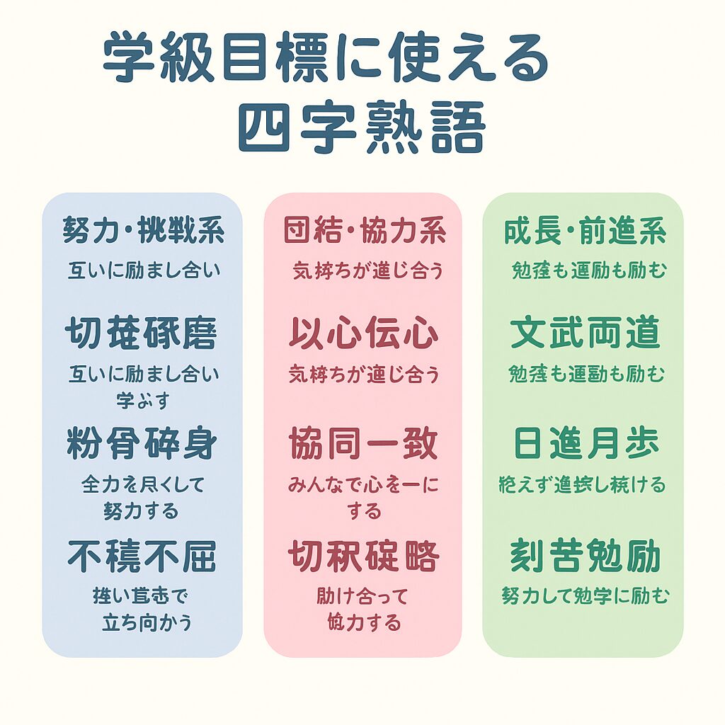 学級目標に使える四字熟語を分類したインフォグラフィック