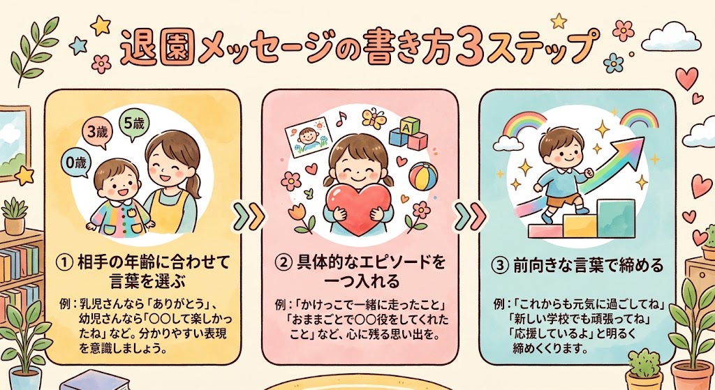 「退園メッセージの書き方3ステップ」を伝えるインフォグラフィック