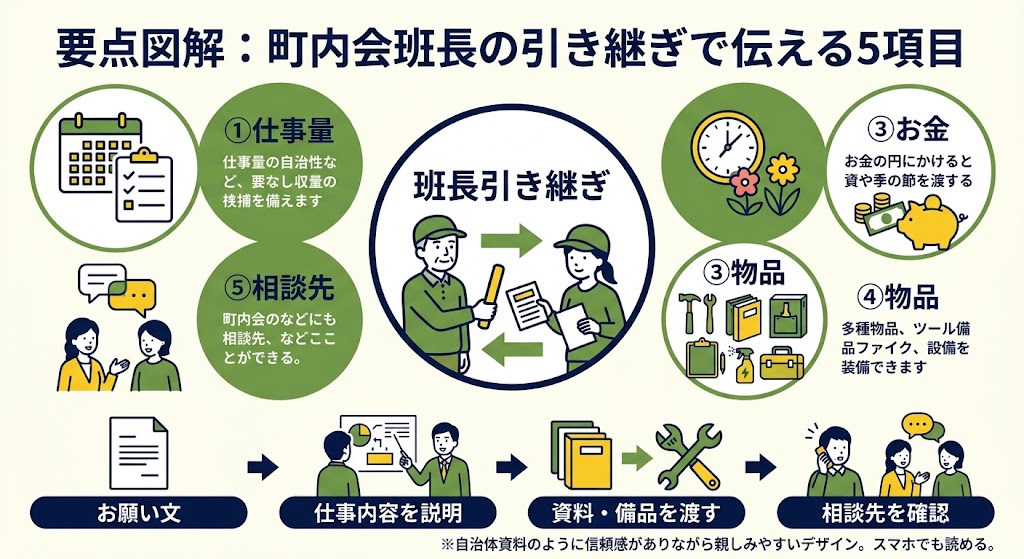 「町内会班長の引き継ぎで伝える5項目」をテーマにした日本語インフォグラフィック