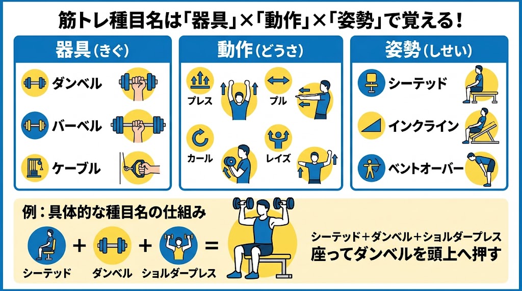 筋トレ種目名は器具×動作×姿勢で覚える