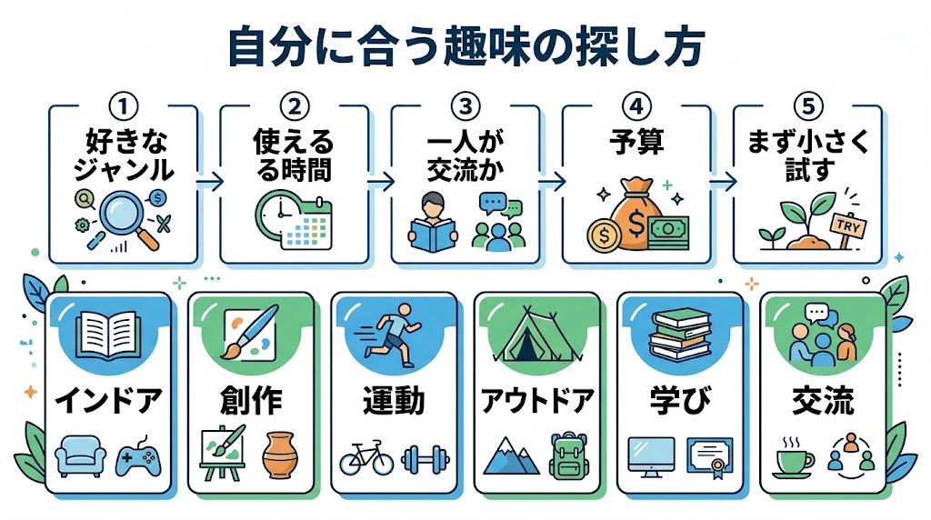 「自分に合う趣味の探し方」を示す日本語インフォグラフィック