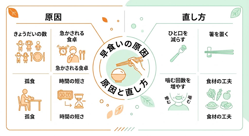 中央に「早食いの原因と直し方」というテーマ