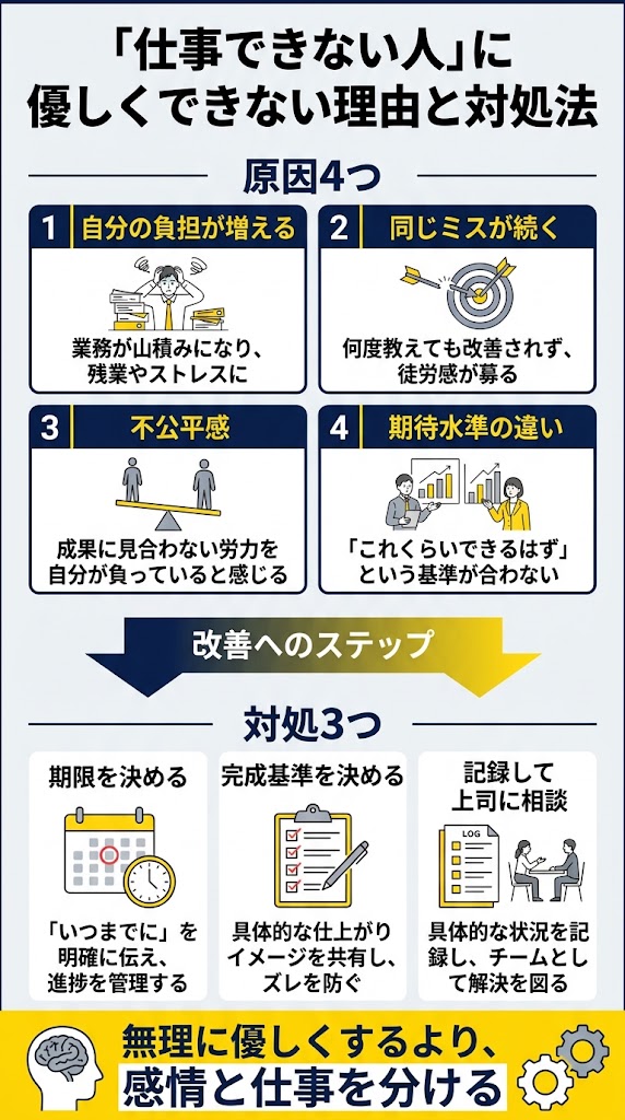 「仕事できない人に優しくできない理由と対処法」を1枚で理解できる日本語インフォグラフィック