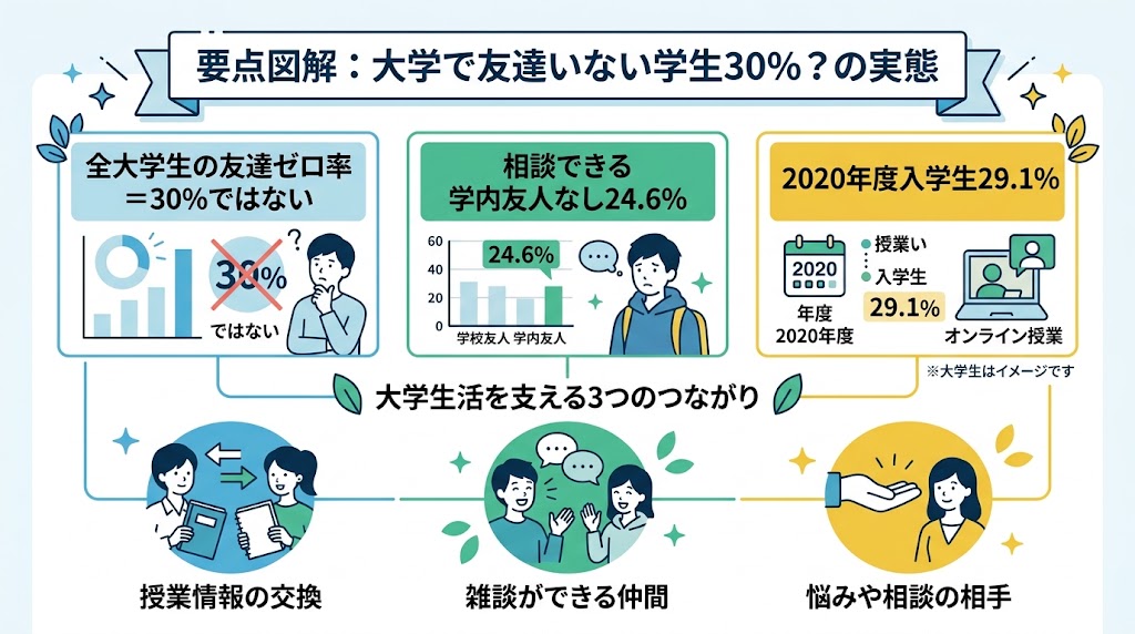「大学で友達いない学生30％？」をテーマにした横長インフォグラフィック