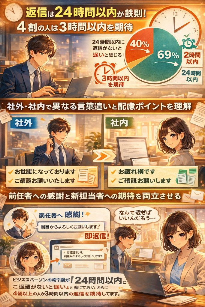 社外・社内それぞれのシーン別に使える実践的な返信例文と、失敗しないための具体的なポイント