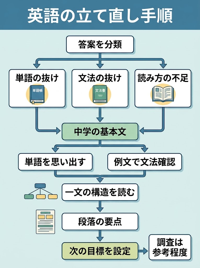 高校生の英語学習を立て直す流れがひと目で分かる、上から下へ進む判断・学習フローチャート
