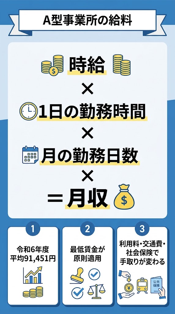 「A型事業所の給料の決まり方」を一目で理解できる日本語インフォグラフィック