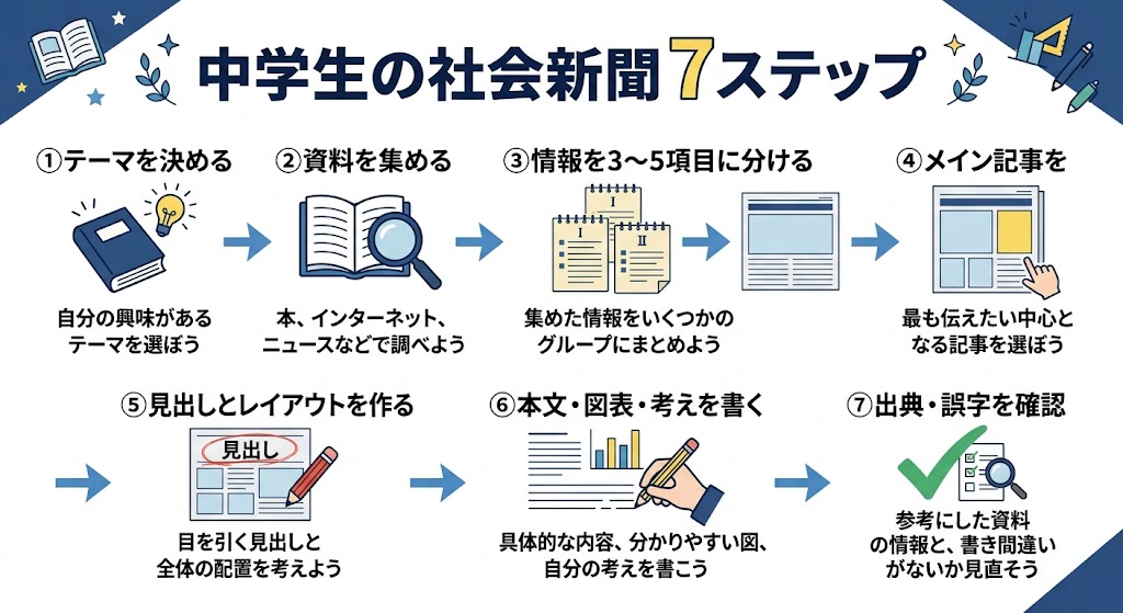「中学生の社会新聞 7ステップ」を説明する日本語インフォグラフィック