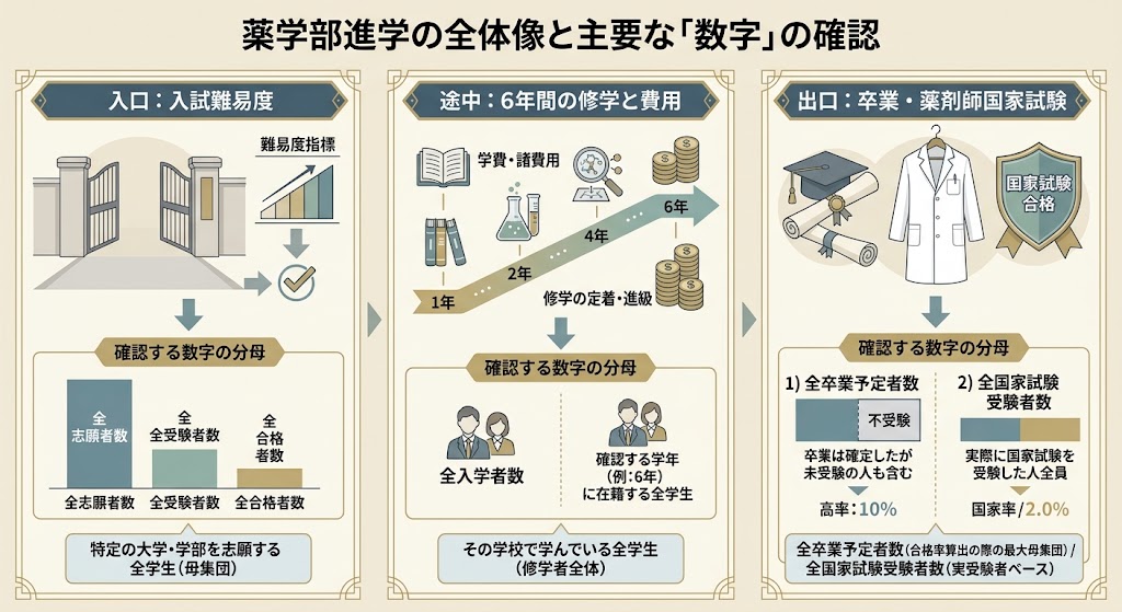 「入口：入試難易度」「途中：6年間の修学と費用」「出口：卒業・薬剤師国家試験」を縦に配置