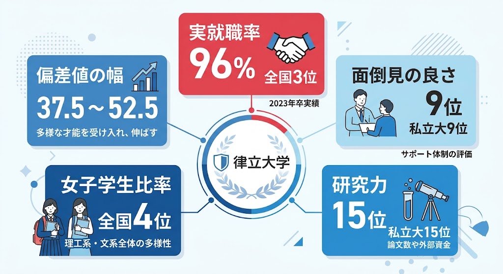 「実就職率96%（全国3位）」「面倒見の良さ（私立大9位）」「研究力（私立大15位）」「女子学生比率（全国4位）」「偏差値の幅（37.5〜52.5）」