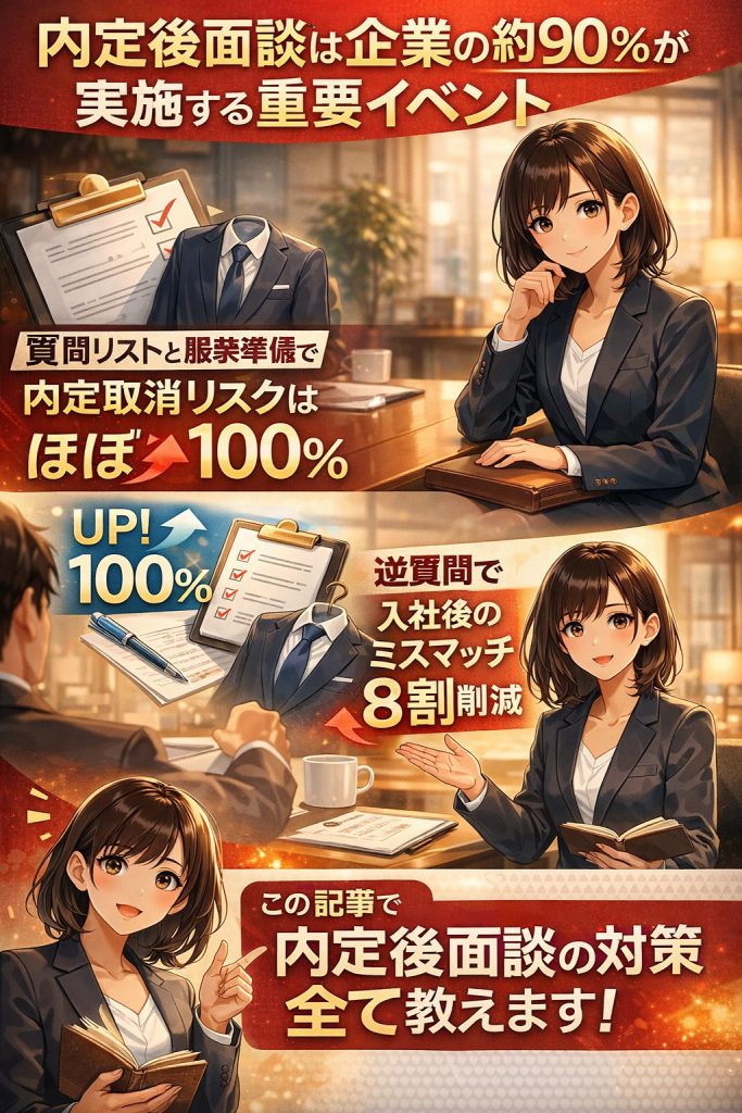 内定後面談の目的から当日の流れ、絶対に聞くべき質問リスト、服装マナー、さらには迷っているときの伝え方まで