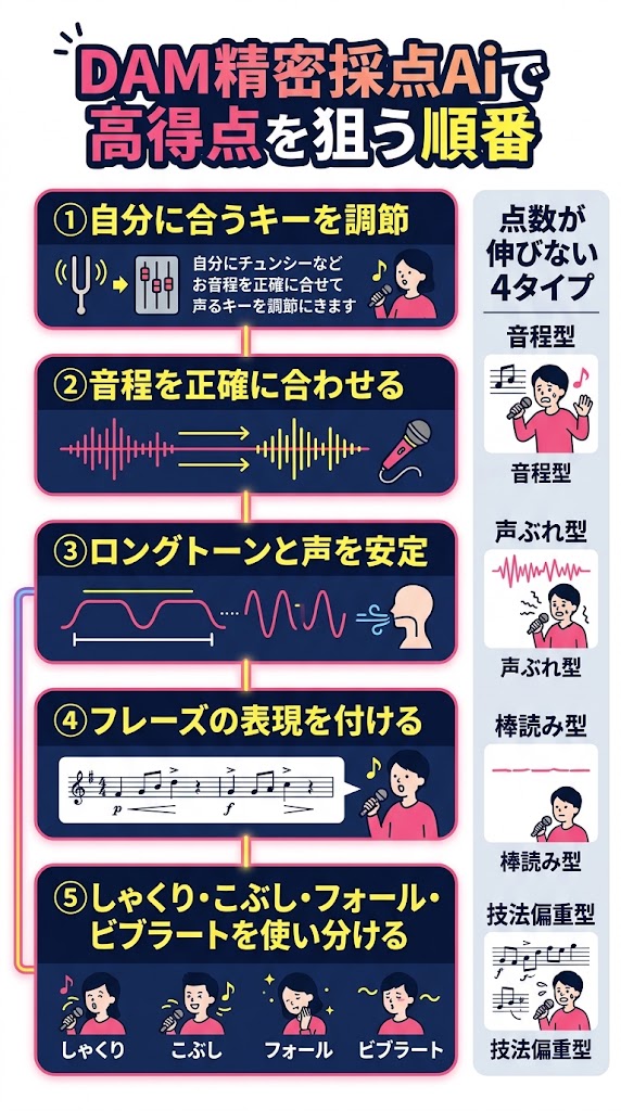 「DAM精密採点Aiで高得点を狙う順番」を説明する縦型インフォグラフィック