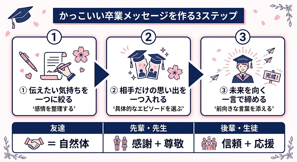 「かっこいい卒業メッセージを作る3ステップ」の日本語インフォグラフィック