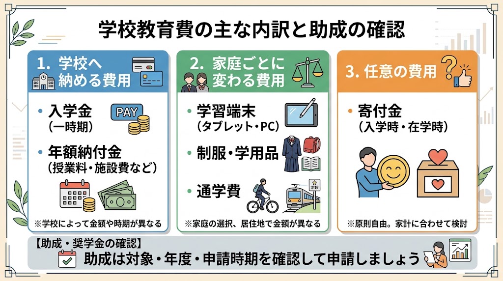 「学校へ納める費用」「家庭ごとに変わる費用」「任意の費用」を3列に分ける日本語図解