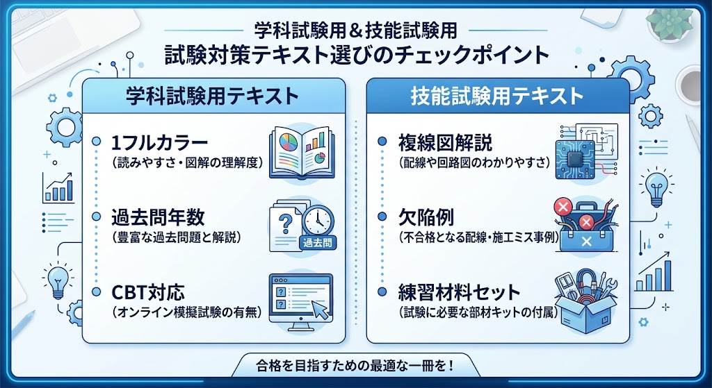 「学科試験用」と「技能試験用」の2カラム構成で、それぞれのテキスト選びのチェックポイント