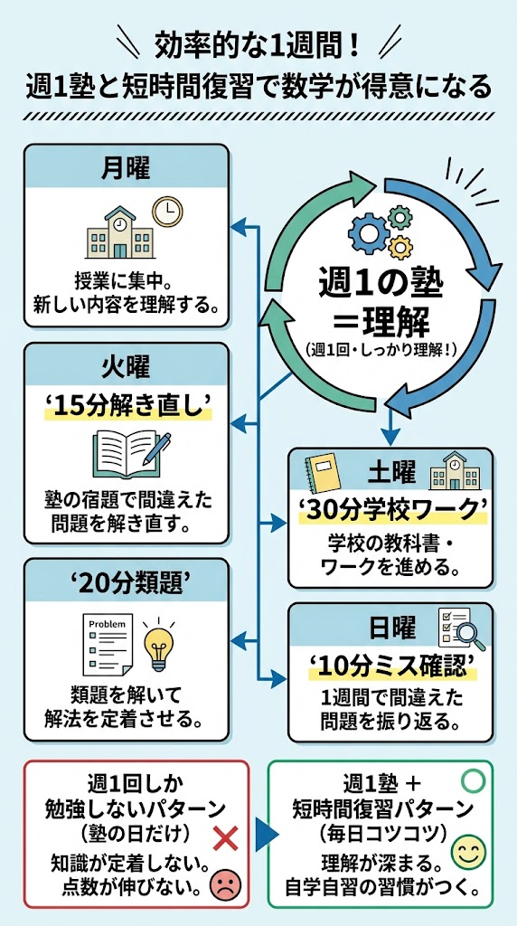 「中学生の数学・週1塾で効果を出す1週間」をテーマにした日本語インフォグラフィック