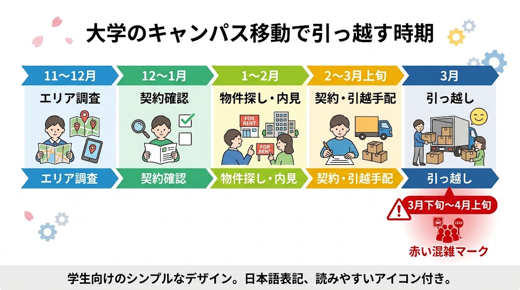 「大学のキャンパス移動で引っ越す時期」を説明する横長インフォグラフィック