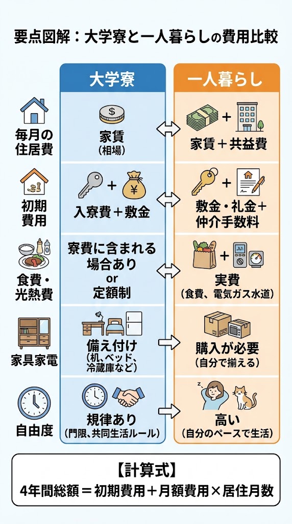 「大学寮と一人暮らしの費用比較」をテーマにした日本語インフォグラフィック