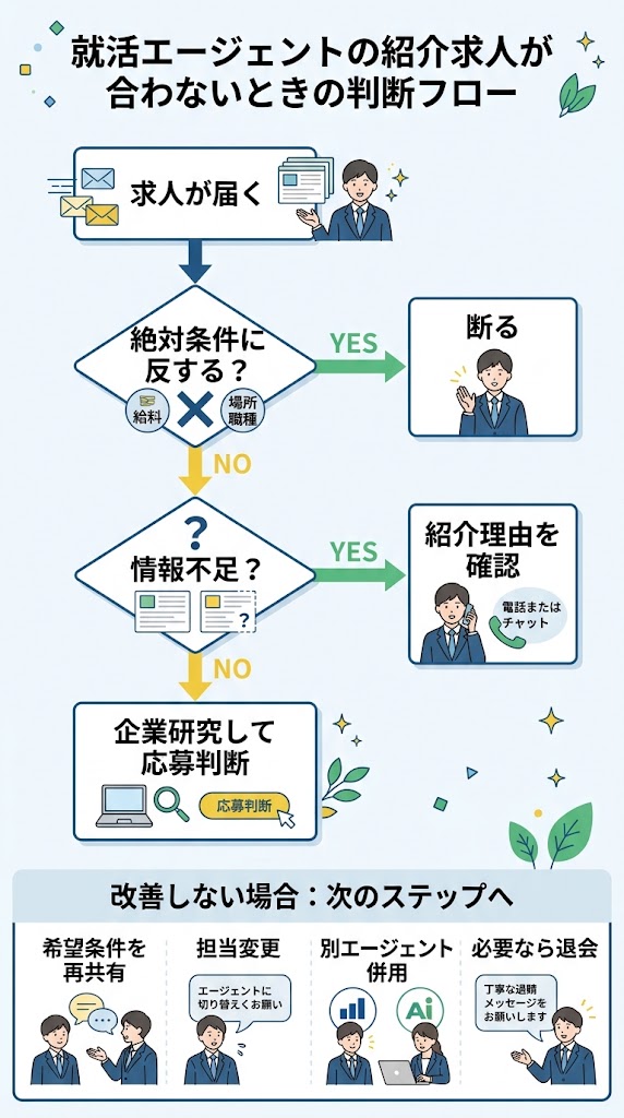 「就活エージェントの紹介求人が合わないときの判断フロー」を示す日本語インフォグラフィック