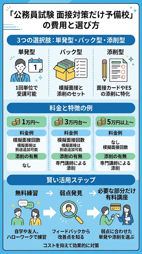 公務員試験で「面接だけ予備校を使う場合の費用と選び方」を1枚で理解できる日本語インフォグラフィック