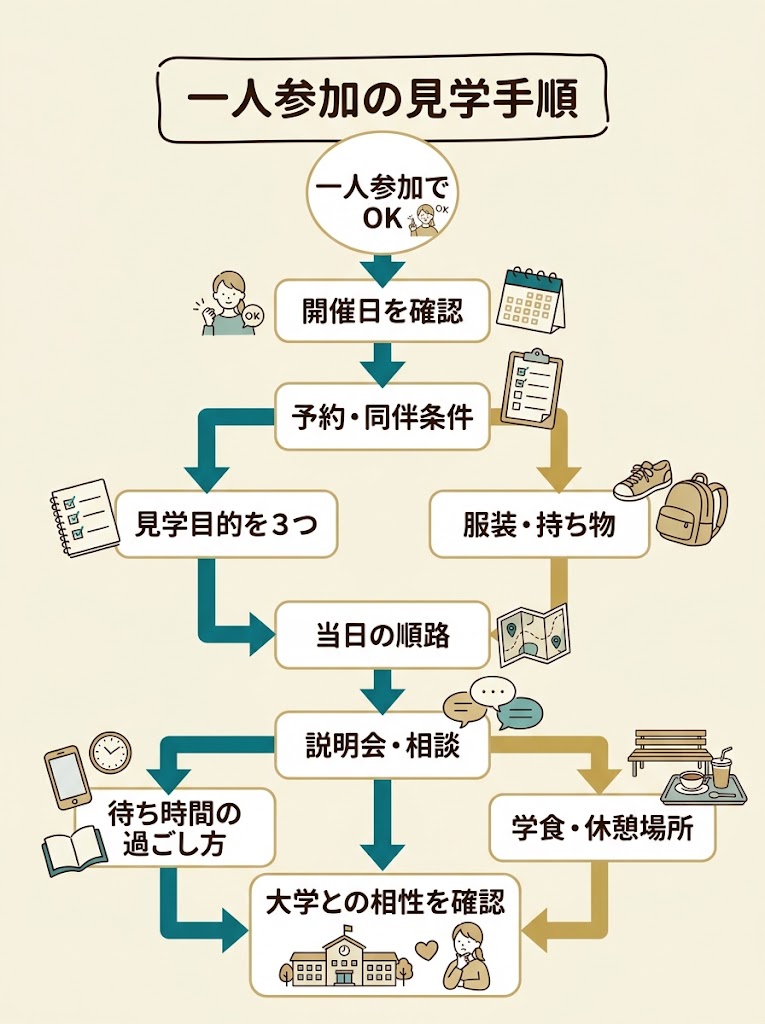 オープンキャンパスに一人で参加する前から当日までの判断と行動を、上から下へ進む流れ図として整理