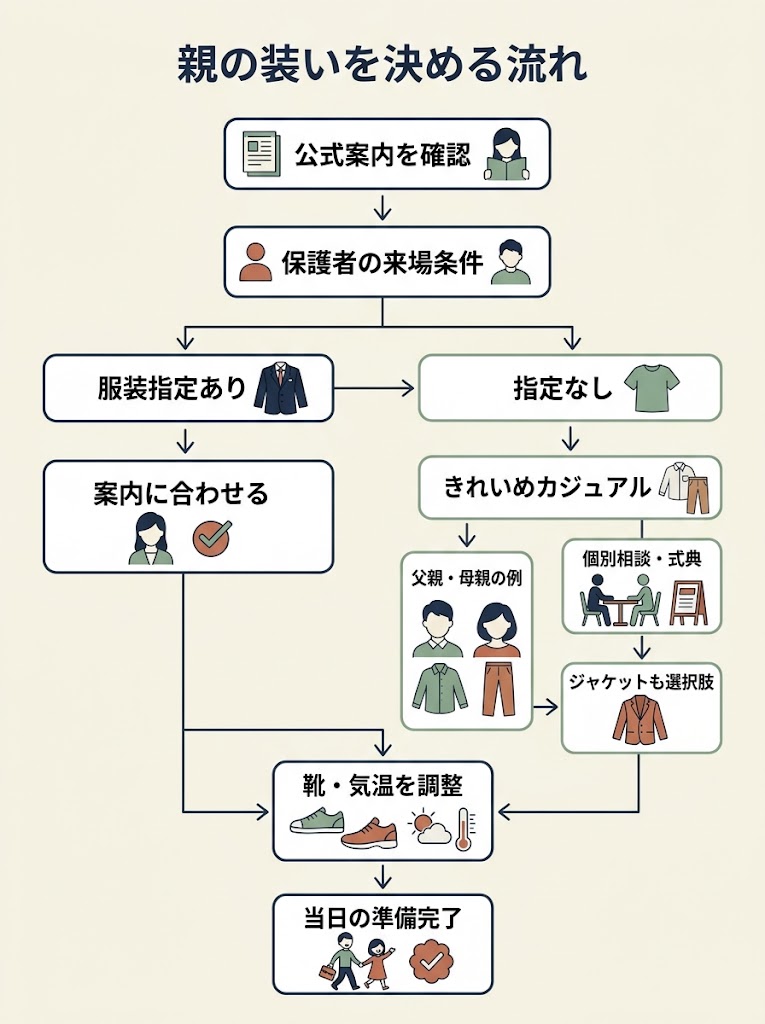 オープンキャンパスに付き添う保護者の服装を決める流れ