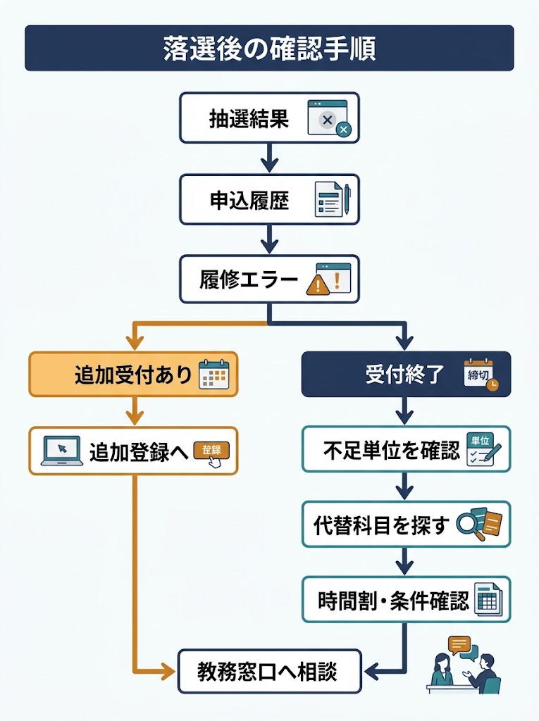 大学の履修登録で抽選に落ちた後に行う確認と判断を、上から下へ進む縦型の判断フローチャート