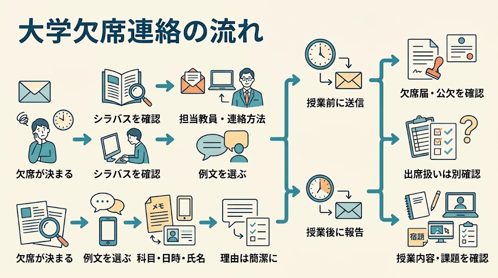 大学の欠席連絡から授業後の確認までを俯瞰する横長のフローチャート型インフォグラフィック