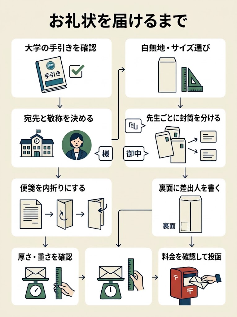 教育実習のお礼状を準備して投函するまでを俯瞰できる、縦長の流れ図