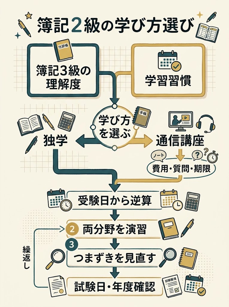 簿記2級の学習方法を決めて受験準備を進める流れを俯瞰する、縦長のインフォグラフィック