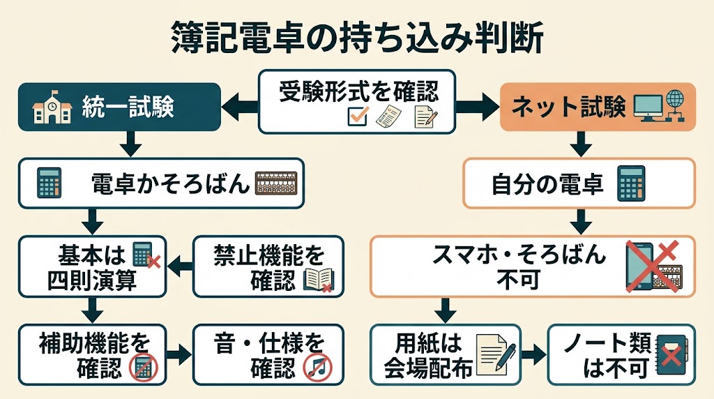 簿記試験での電卓持ち込み判断を俯瞰できる、横長の比較フローチャート図解